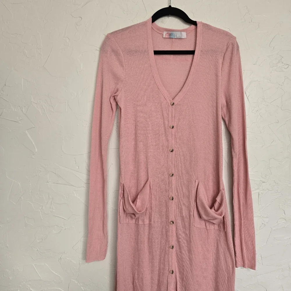 Free People Ribbed Lightweight Button Up Pink Dusted Sweater, L - Picture 3 of 11